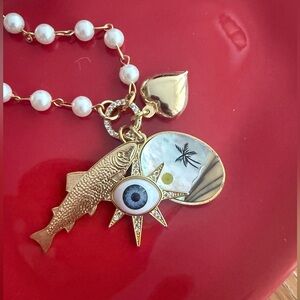 Sage Vintage gold and pearl charm necklace